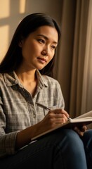 Naklejka premium Young woman thoughtfully records ideas in a journal bathed in warm indoor sunlight.