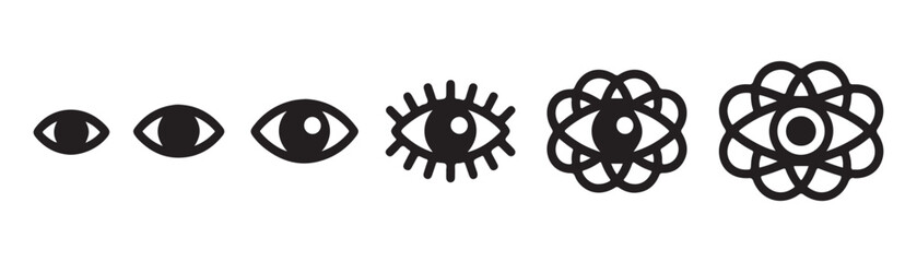 Creative vision icons set including lashed eyes and overlapping orbital patterns on checkered floor. © MOST AKTER