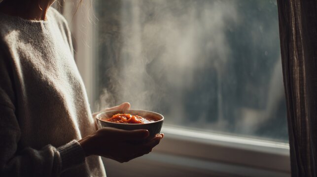 A calm lifestyle scene with a person holding a bowl of tomato soup near a window, soft natural light illuminating the steam