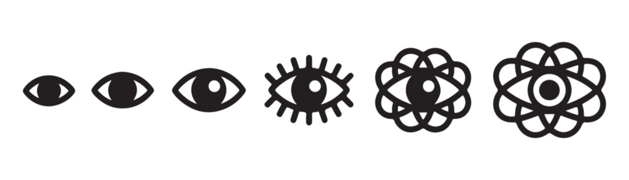 Creative vision icons set including lashed eyes and overlapping orbital patterns on checkered floor.