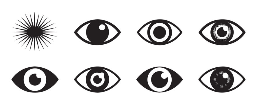 Set of black eye icons with diverse pupil and iris details on transparent background for design.