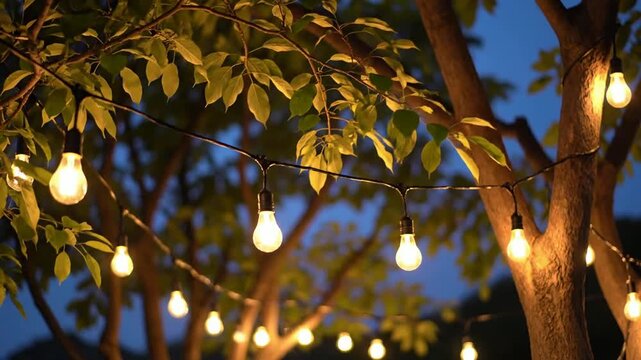 Decorative string lights illuminate outdoor trees at dusk or night