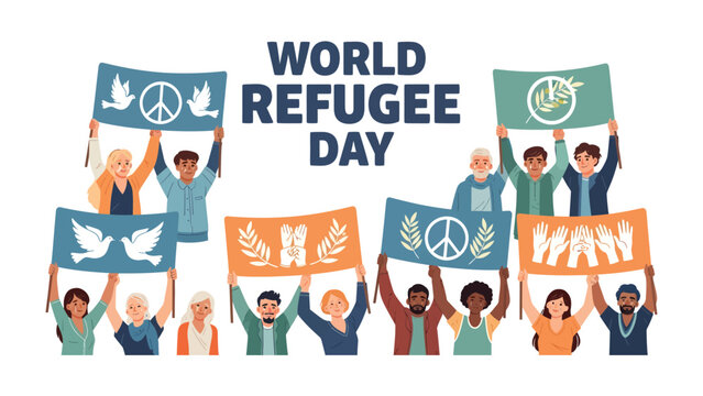 World Refugee Day Celebration: A diverse group of people holding banners with peace symbols and messages of solidarity celebrate World Refugee Day, fostering a sense of unity and hope.