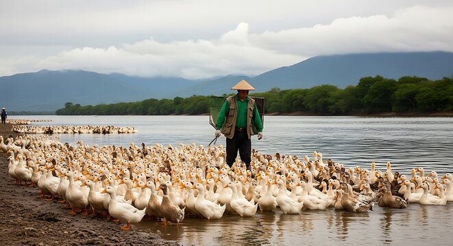 Duck herder guides flock on river with mountains in background.