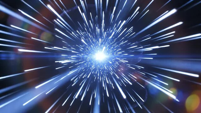 A dynamic, abstract image depicts a swirling vortex of light and motion, suggesting a journey through hyperspace or a portal to another dimension.