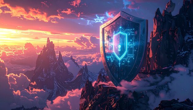 Digital Shield Protecting a Fantasy Landscape at Sunset - Security Concept.
