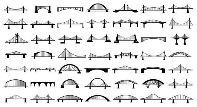 Large collection of various bridge silhouettes includes suspension, arch, and cable-stayed designs in a simple black and white vector style.