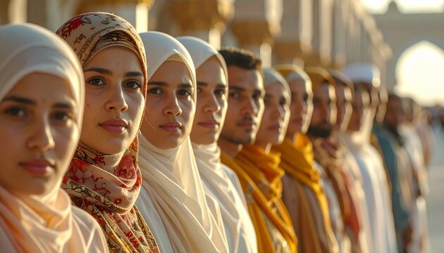 Diverse group of Muslim women standing in a row outdoors.