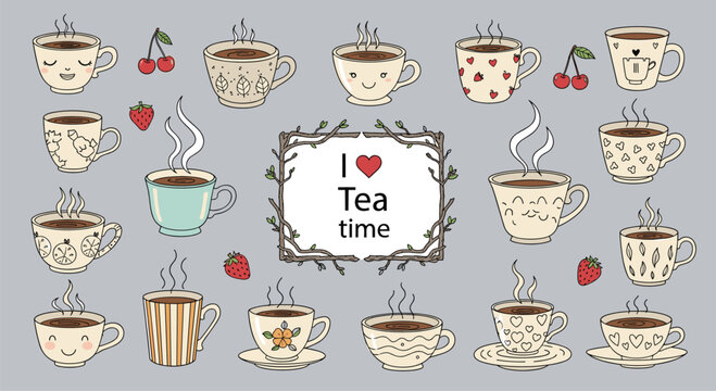 Assorted collection of hand-drawn tea and coffee cups with cute faces and various patterns on a grey background with strawberries.