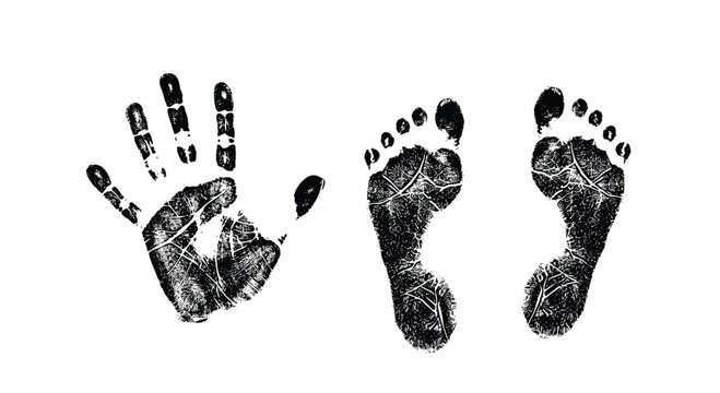 Detailed black ink impressions of a human hand and a pair of feet are shown against a clean white background for contrast.