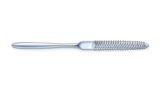 A single metallic nail file with a textured grip and a fine rasping surface for nail grooming and care, presented in a studio setting
