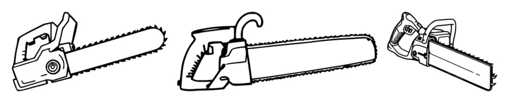 Saw set with crisp black line art on white background featuring industrial blade, mechanical hand tool, cutting implements with precision and utility