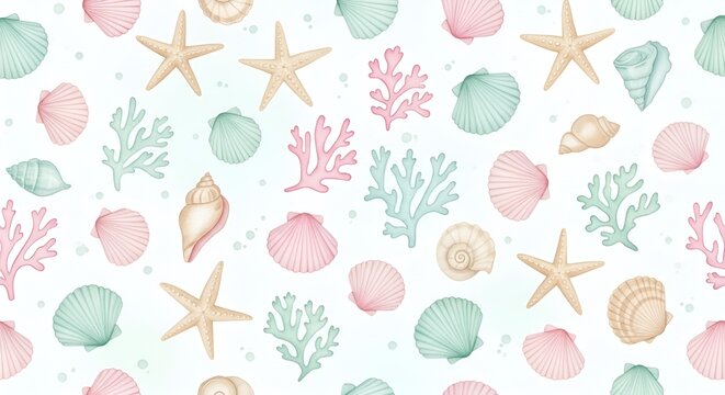 Soft Pastel Beach Pattern with Seashells, Starfish, and Coral