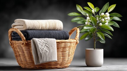 Obraz premium Soft towels arranged neatly in a wicker basket with a potted plant beside them