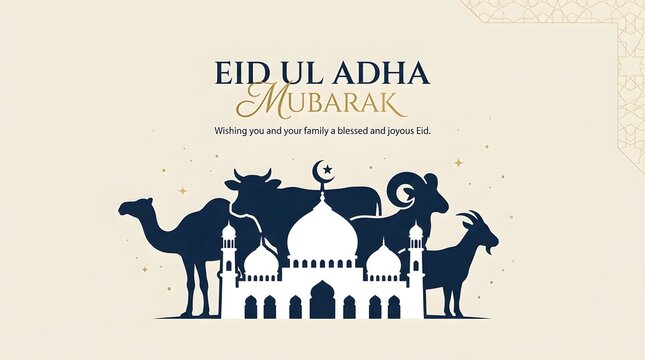 Minimalist Eid ul-Adha holiday greeting card with elegant typography and traditional sacrificial animals on off-white background.