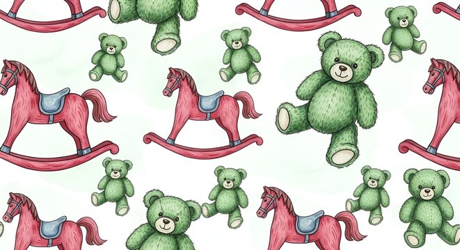 Cute Teddy Bears and Rocking Horses Pattern, Watercolor Illustration, Baby Shower Decor