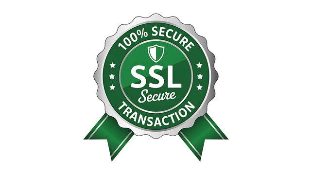SSL secure transaction badge, 100% secure seal, green security ribbon