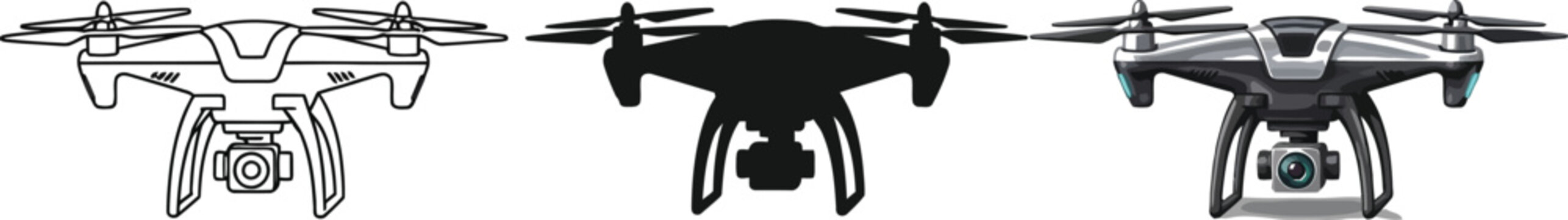 Set of modern drone illustrations featuring outline silhouette and detailed vector styles perfect for technology concepts and aerial photography designs