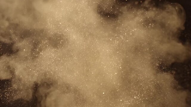 A close-up shot captures a stream of fine, light-colored particles erupting against a dark, blurred background, creating a dynamic and abstract visual effect.