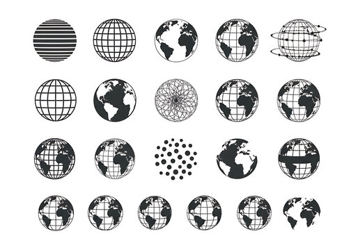 Set of black and white globe icons depicting various grid styles and map patterns with geography international location collection spherical isolated business communication connectivity
