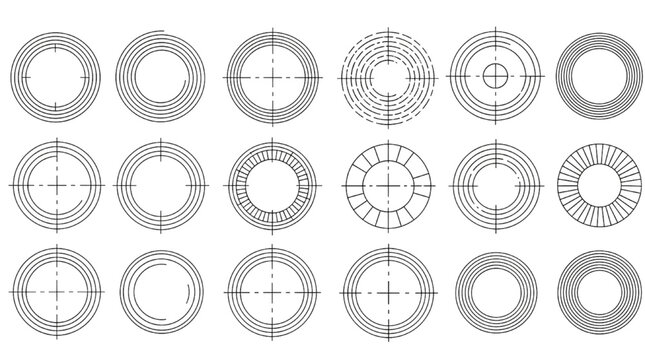 Vector Circle Stroke Styles Set with 24 Technical Line Borders and Geometric Segmented