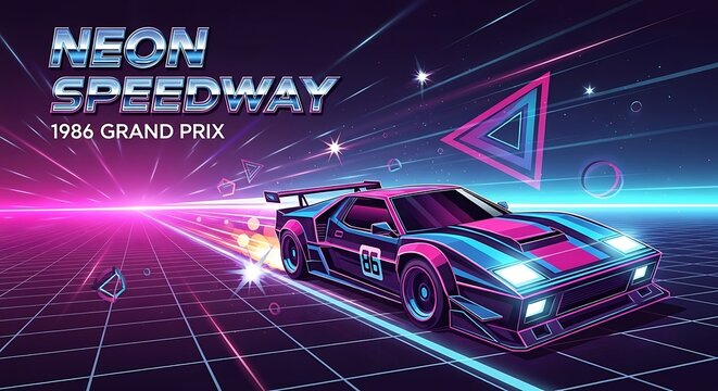 Neon Speedway 1986 Grand Prix - Futuristic Car Racing in a Synthwave Landscape.