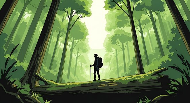 Hiker with backpack and poles on fallen log in lush green forest