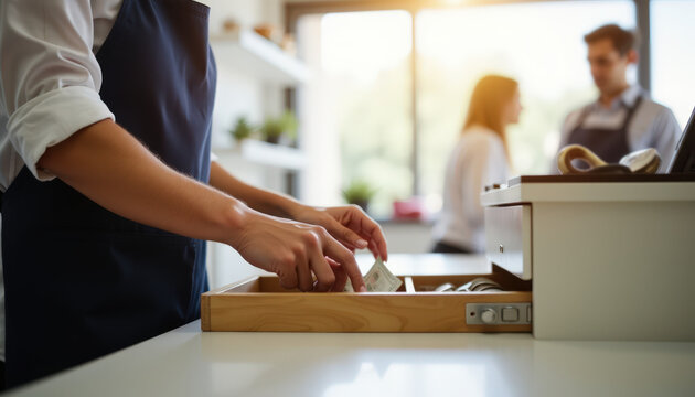 Cashier in a cafe wearing a blue apron handling bills at a wooden register drawer, with two colleagues having a discussion in the blurred background.