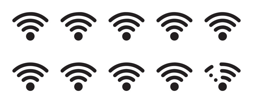 Set of wifi signal strength icons with various internet connection levels on transparent background.