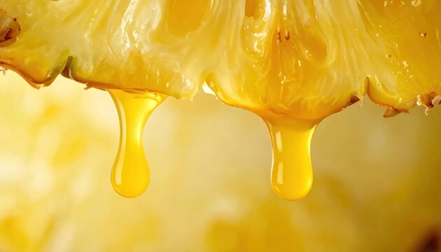 Close up of sweet golden honey dripping from a fresh pineapple slice.