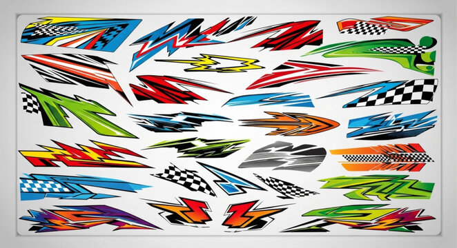 Collection of racing car decals and stickers for customization.