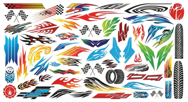 Collection of racing car stickers and decals for customization.