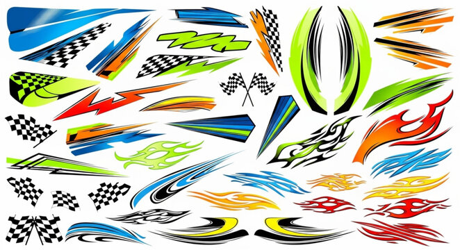 Collection of racing car decals and stickers for customization.