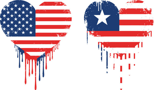 Heart shaped 4th of july independence day flags with grunge effect
