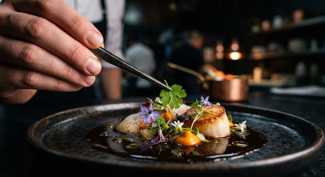 Professional chef using tweezers to meticulously garnish a gourmet seafood dish in a restaurant kitchen, 4K generative AI