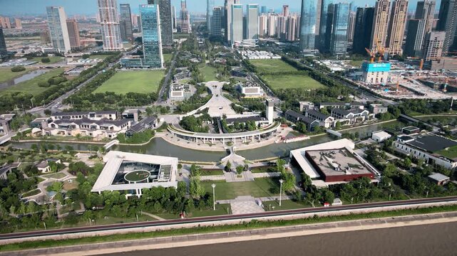 Aerial View of Modern Ningbo City Skyline and Urban Park in China in Ningbo, China