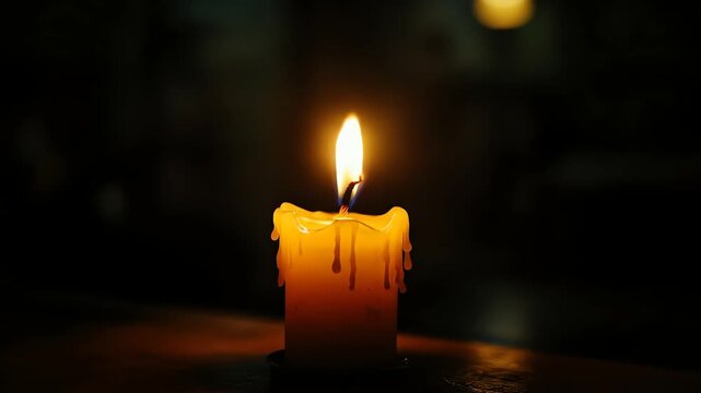 Close up of a lit candle with warm glowing flame against dark background