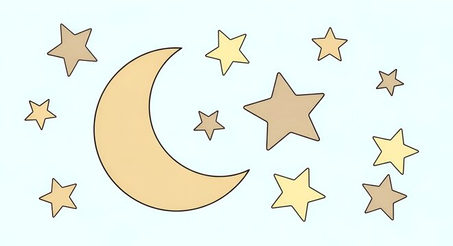 Crescent Moon and Stars on Light Blue Background
