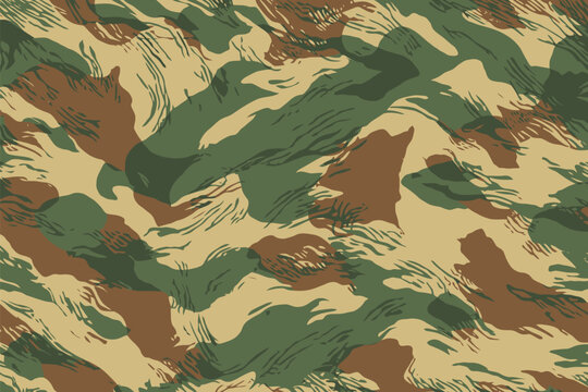 Vintage Rhodesian brushstroke military camouflage pattern background featuring tactical green and brown brush strokes over khaki.