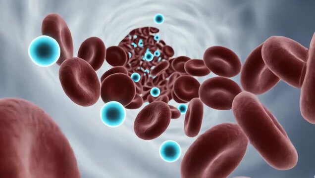 Inside a transparent bloodstream, glowing oxygen molecules attaching to red blood cells and flowing smoothly through clean arteries