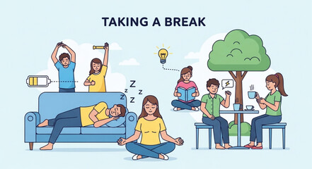 Obraz premium People taking a break from work and relaxing outdoors and indoors.