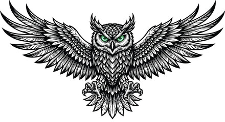 Fototapeta premium Black vector silhouette of an eagle tattoo design with open wings, featuring intricate tribal art elements of a flying majestic bird symbol