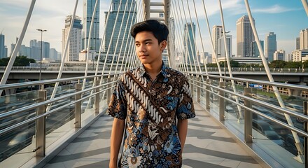 Obraz premium Man on bridge with city view.
