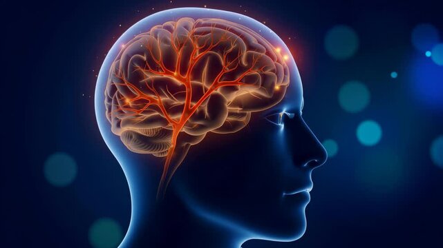 Glowing network of neurons firing inside a transparent human head illuminating brain activity visualization