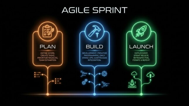 Agile sprint process infographic featuring glowing neon nodes for plan build and launch phases with software development icons on a sleek dark professional background