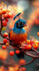 Fototapeta premium Vividly colored exotic bird with blue head crest and vibrant orange and blue plumage perches on branch laden with red berries and delicate orange flowers, creating stunning natural portrait with soft,