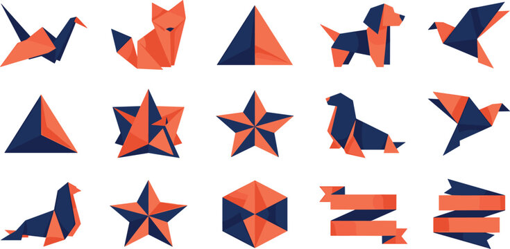 Abstract Geometric Origami Icon Collection Featuring Animals, Stars, Shapes, and Ribbon Elements in Modern Polygonal Vector Design Style
