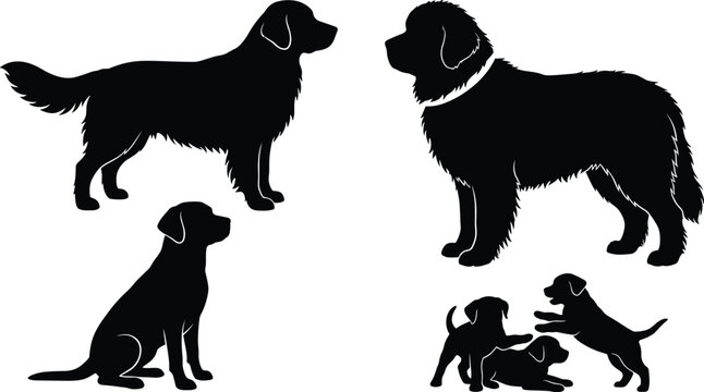 Set of large breed dog silhouettes including Golden Retriever, Newfoundland, Labrador Retriever, and playing puppies