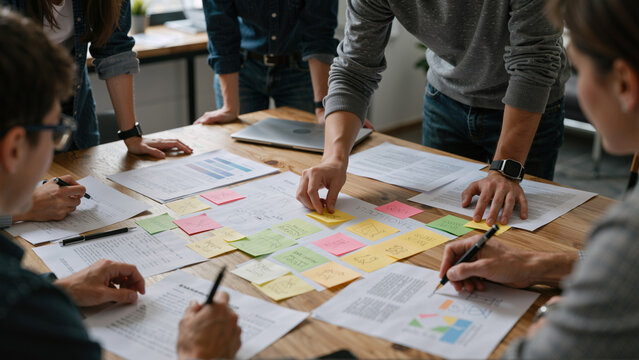 Team working on project with sticky notes