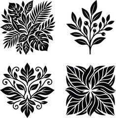 Uncluttered black and white array of stylized botanical leaf and berry designs, high-resolution visual resource for decoration. © Vector Design